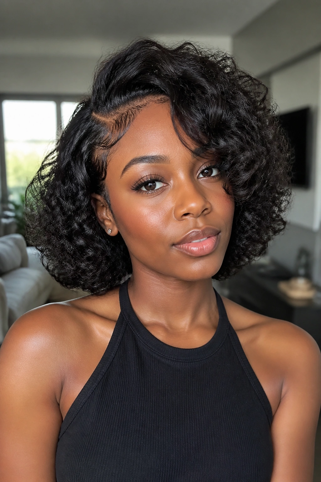 Close-up of a real Black woman with a flip-over side-part curly bob in soft natural light.