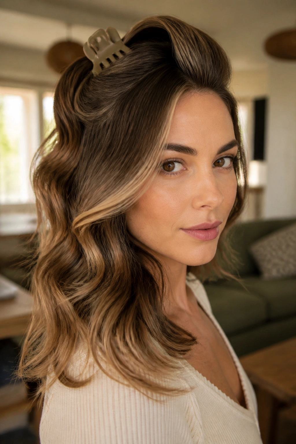 Close-up of Flip-Over Volume Waves hairstyle on a real woman with crown lift