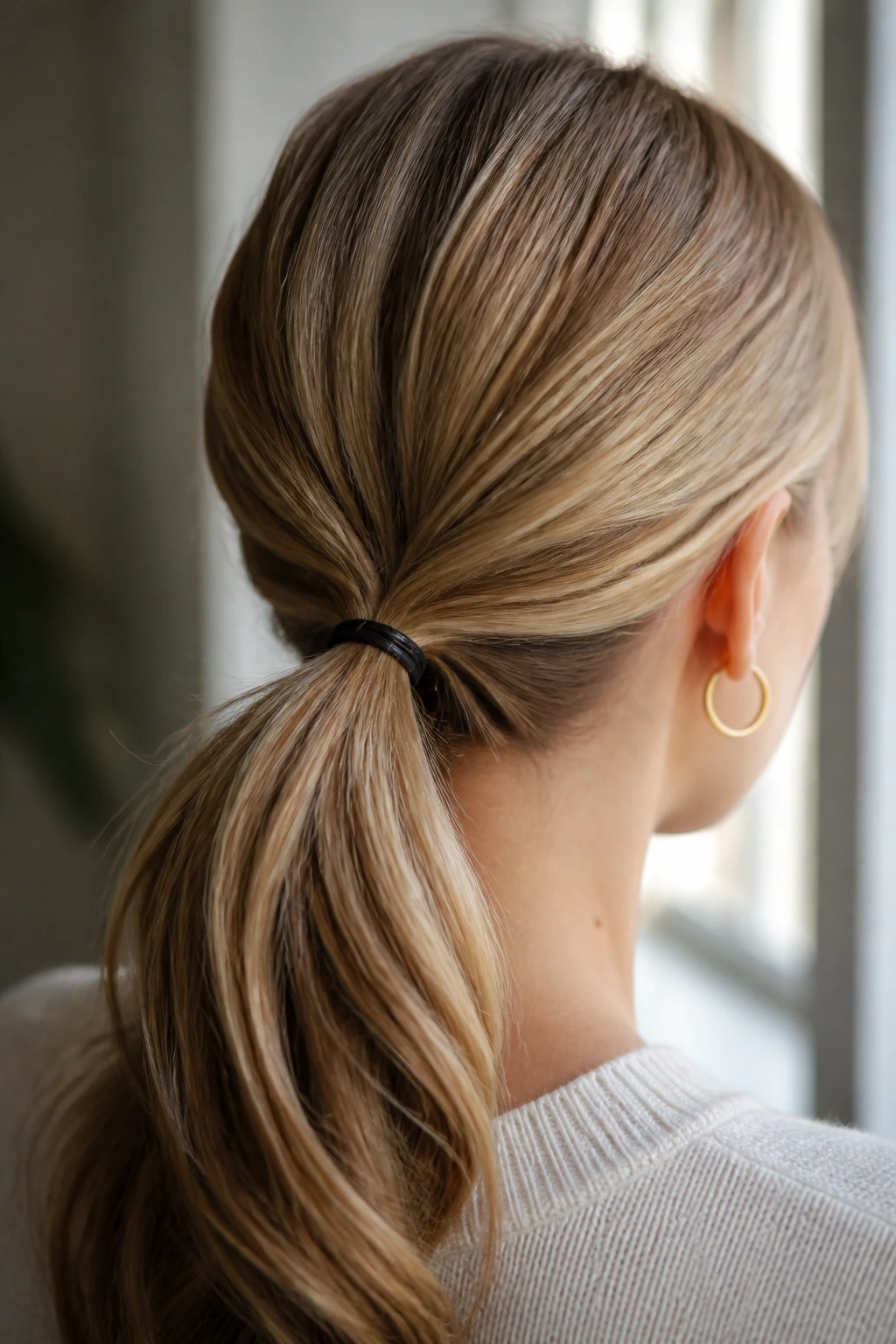Close-up of a real woman with a low ponytail showing a flip-through detail