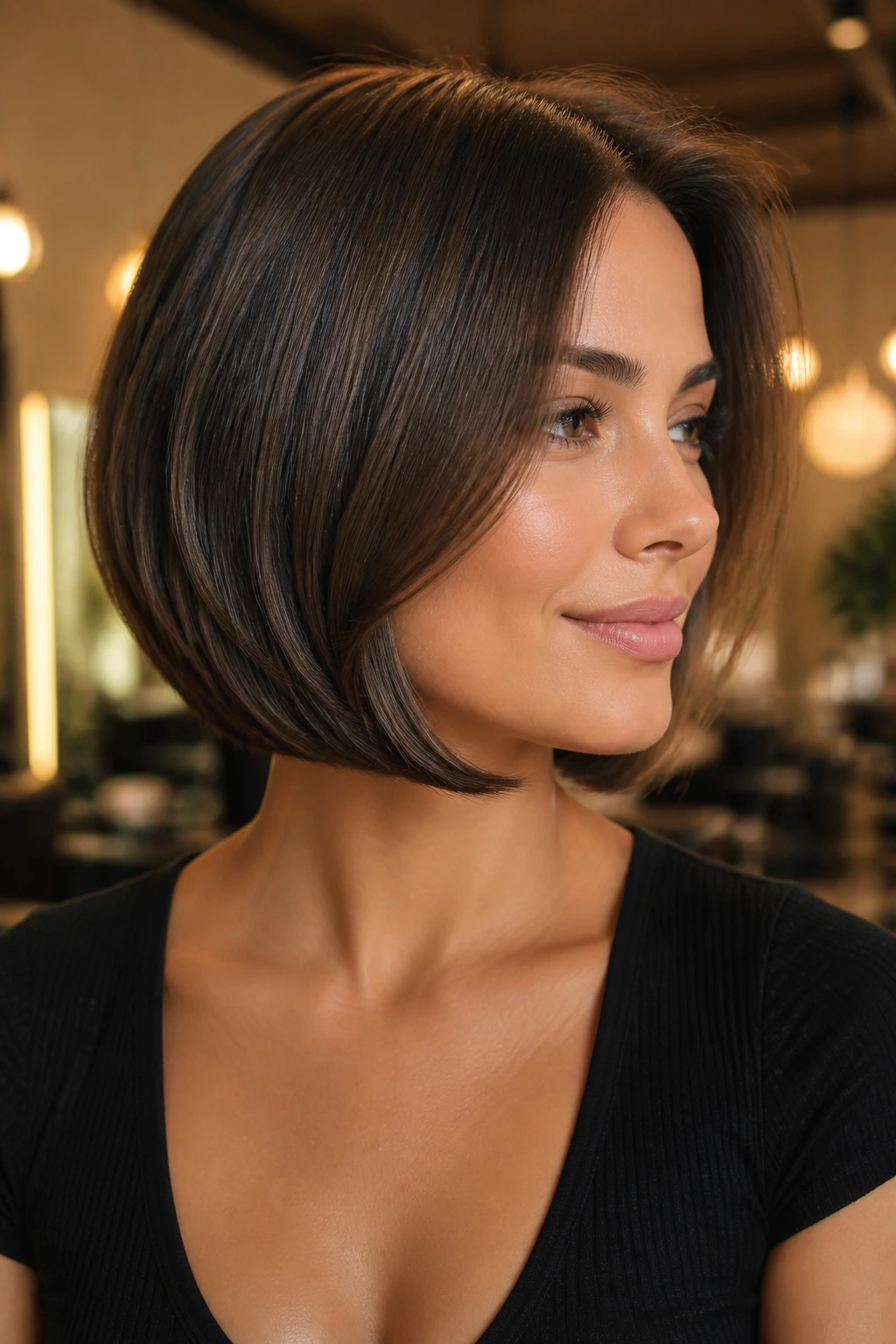Portrait of woman with flip-under bob ends flipped under toward the jaw
