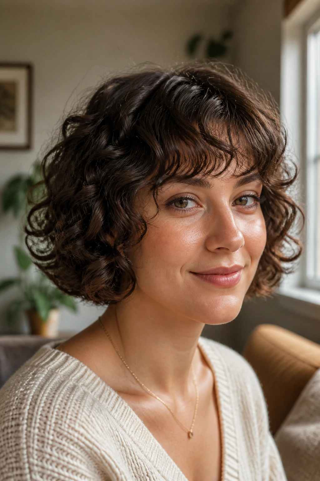 Close-up portrait of a real woman with a flipped curly bob and soft bangs in warm daylight.