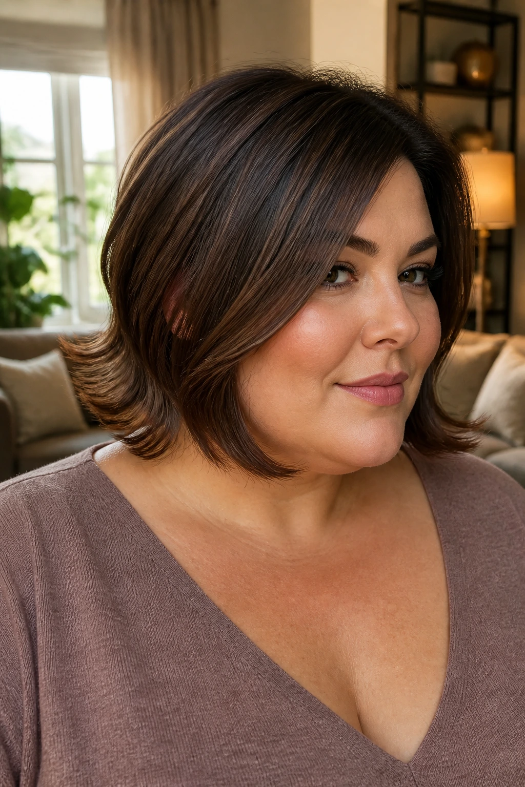 Close-up portrait of a real woman with flipped-end angled bob