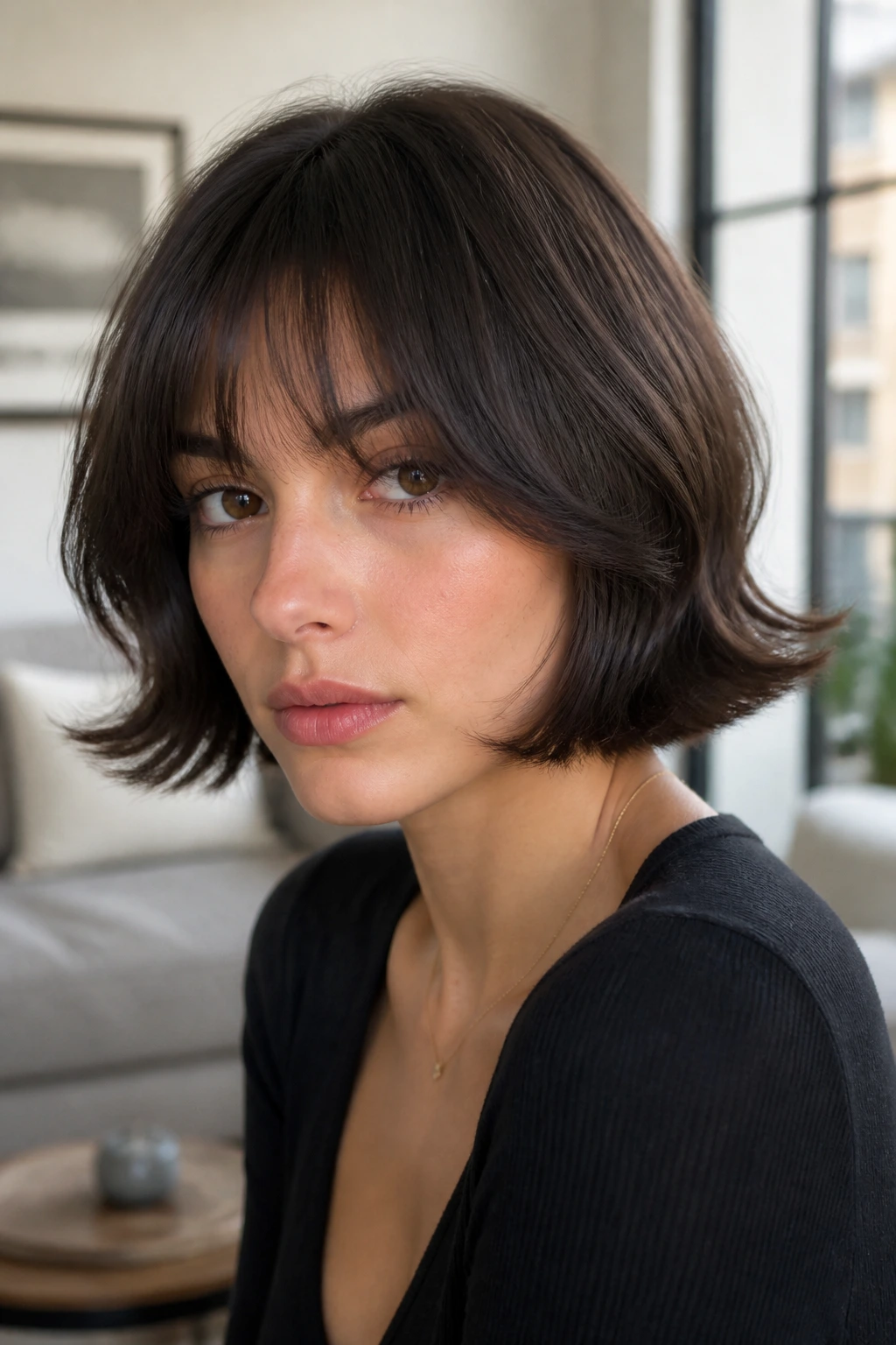 Real woman with flipped-end Italian bob and long fringe in a bright room