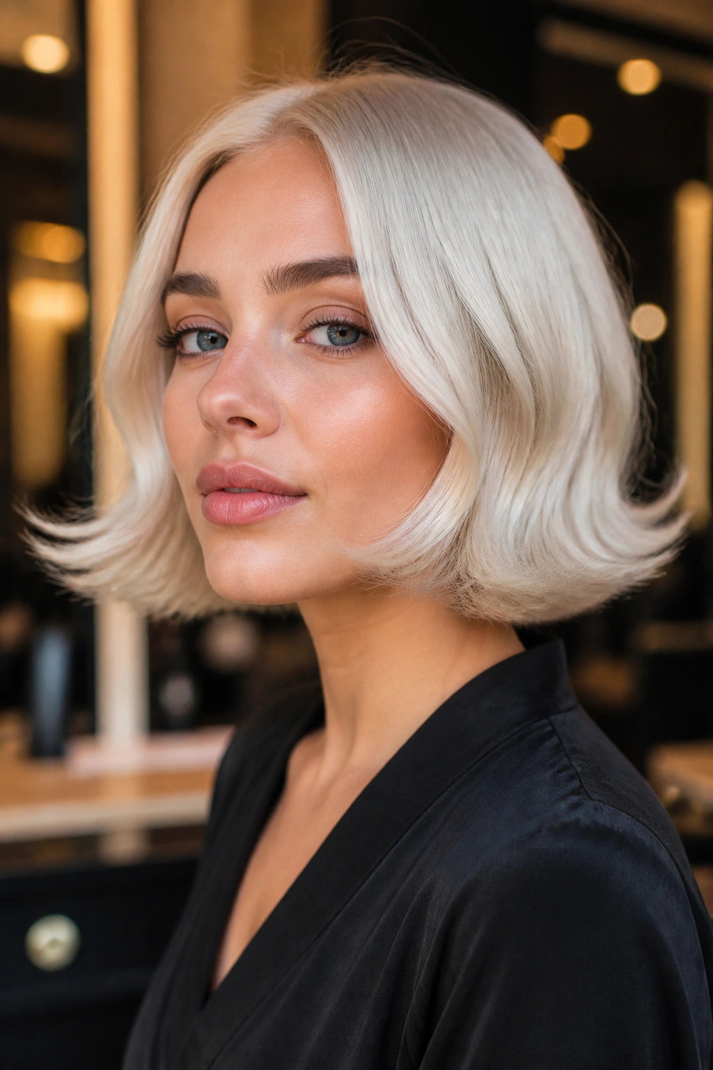 Close-up of a real person with platinum flipped-end bob hairstyle