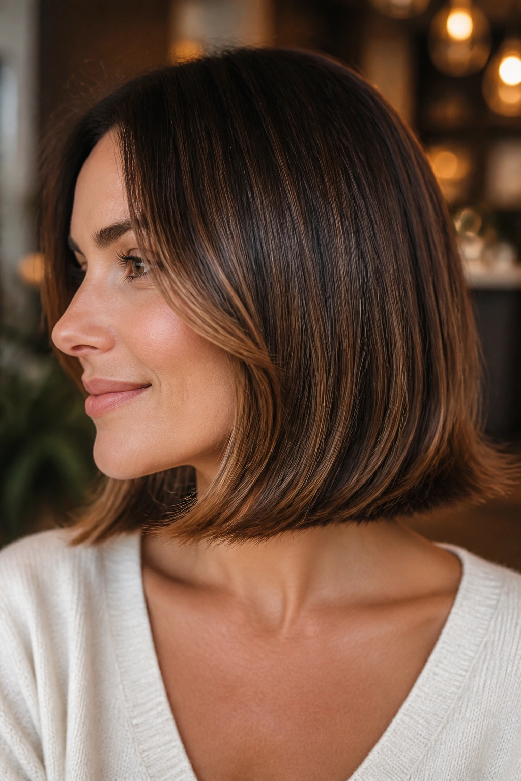 Close-up portrait of a real woman with flipped-end bob showing outward bend.