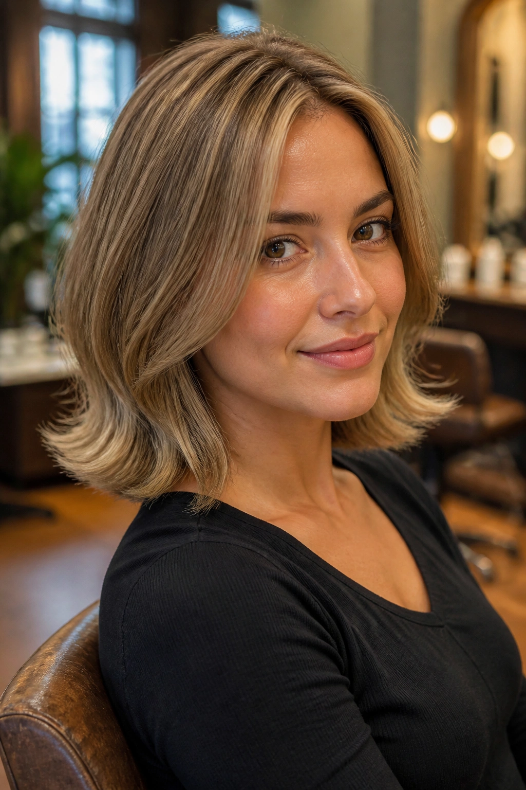 Close-up of a real woman with flipped-end blowout bob in warm salon lighting
