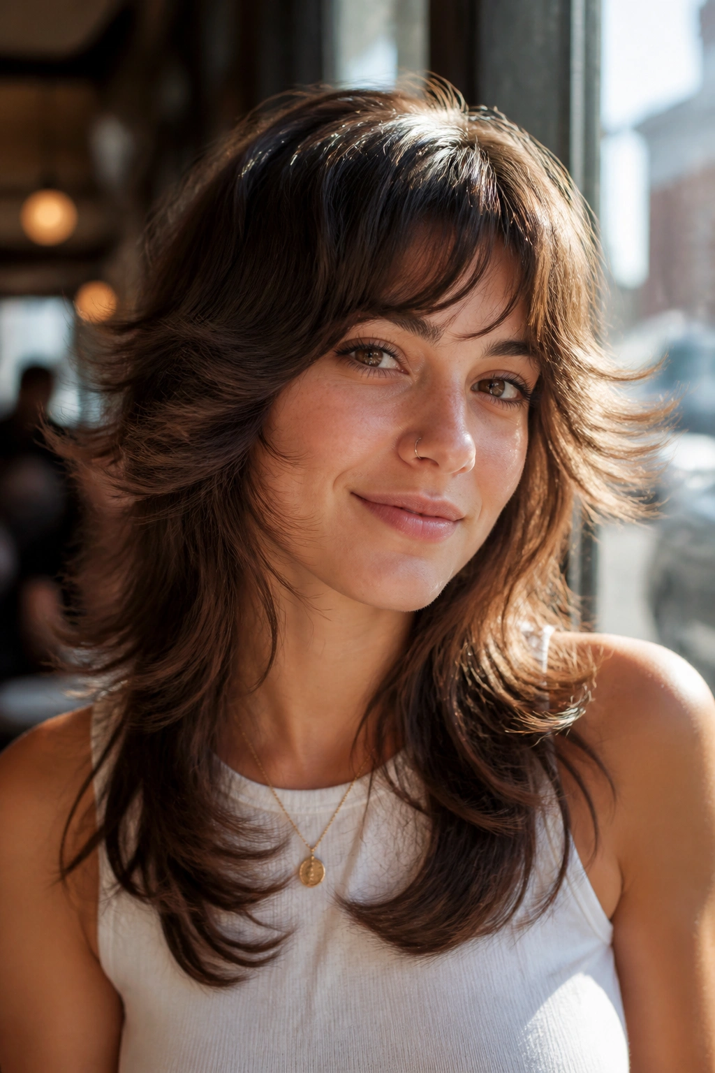 Close-up portrait of a woman with flipped-end retro shag in cafe window light