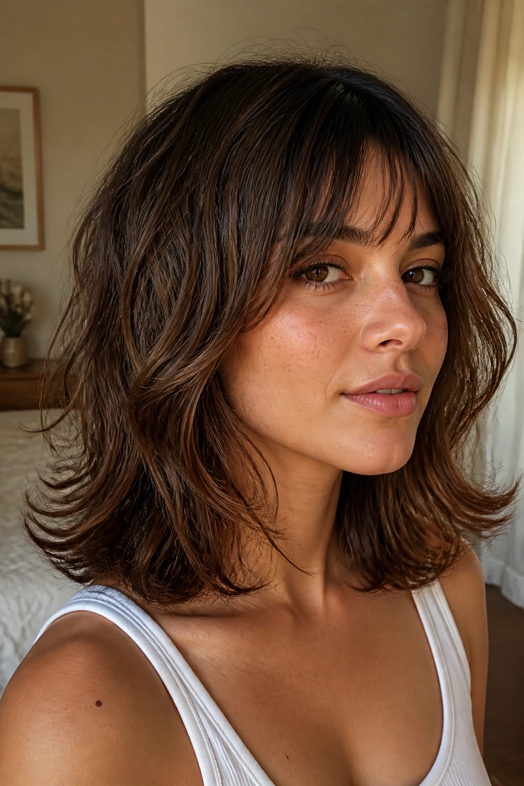 Close-up portrait of a real woman with flipped end shag and shoulder-length waves.