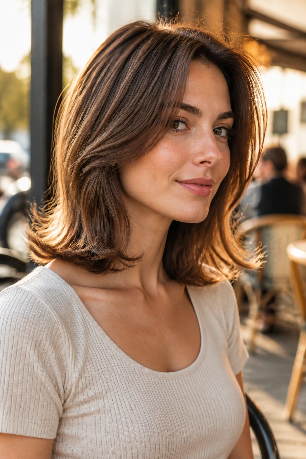 Three-quarter portrait of a real woman with flipped-out ends on a collarbone cut in warm light