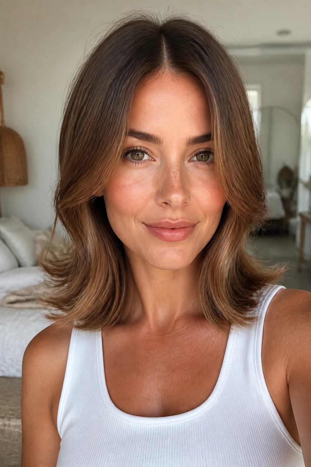 Portrait of real woman with middle part and flipped-out ends