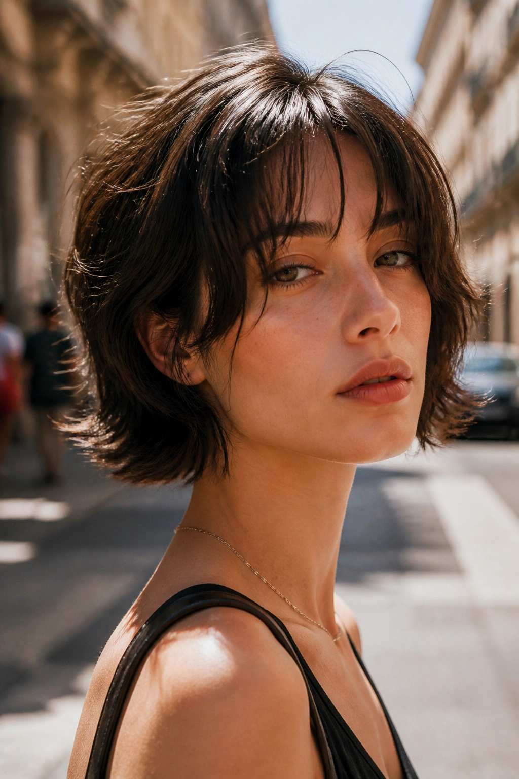 Close-up portrait of a real person with flipped-ends chin-length wolf cut on a sunny street