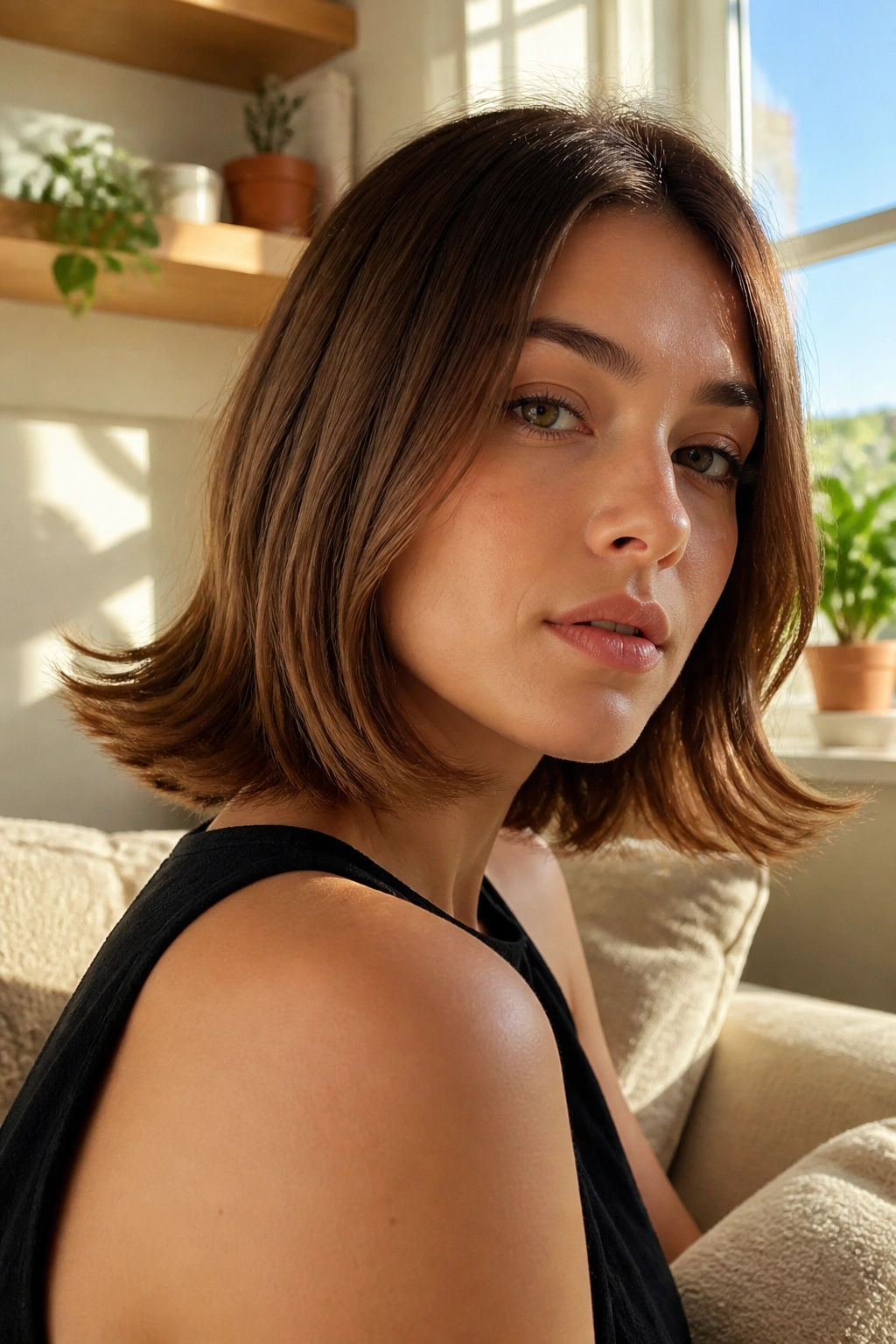 Real woman with flipped-out lob and clean ends in a sunlit living room