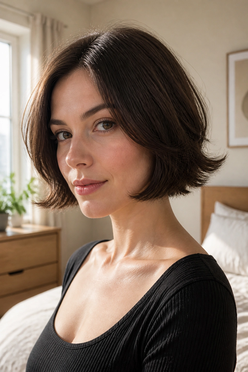 Close-up of a real woman with a flipped-out bob in warm window-lighting.