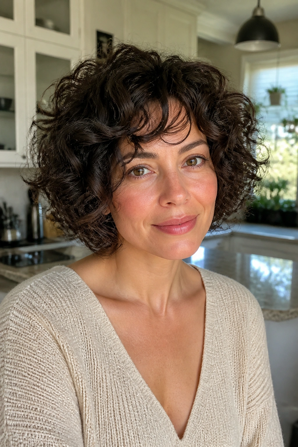 Close-up portrait of a real person with a flipped-out curly bob in a bright kitchen