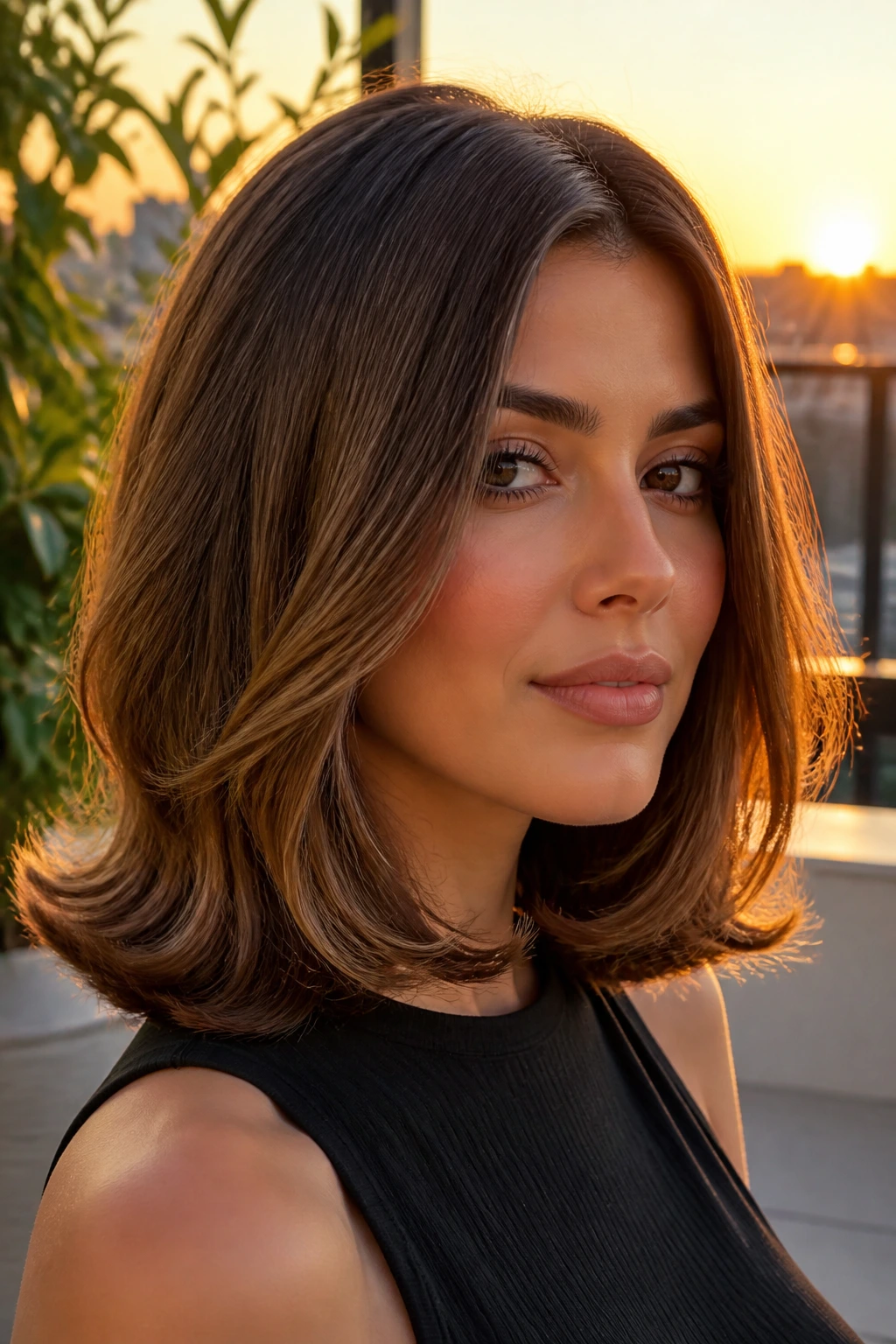 Portrait of a woman with flipped-out ends achieved by a round-brush finish in golden hour light.