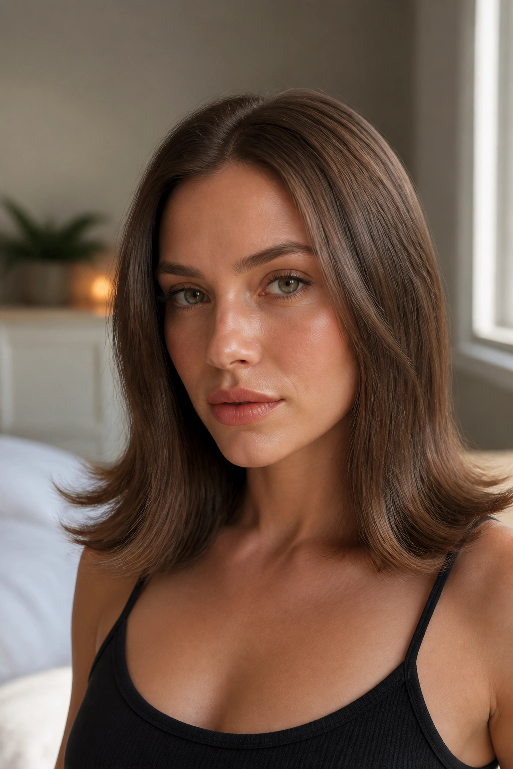 Close-up portrait of woman with flipped-out hair ends