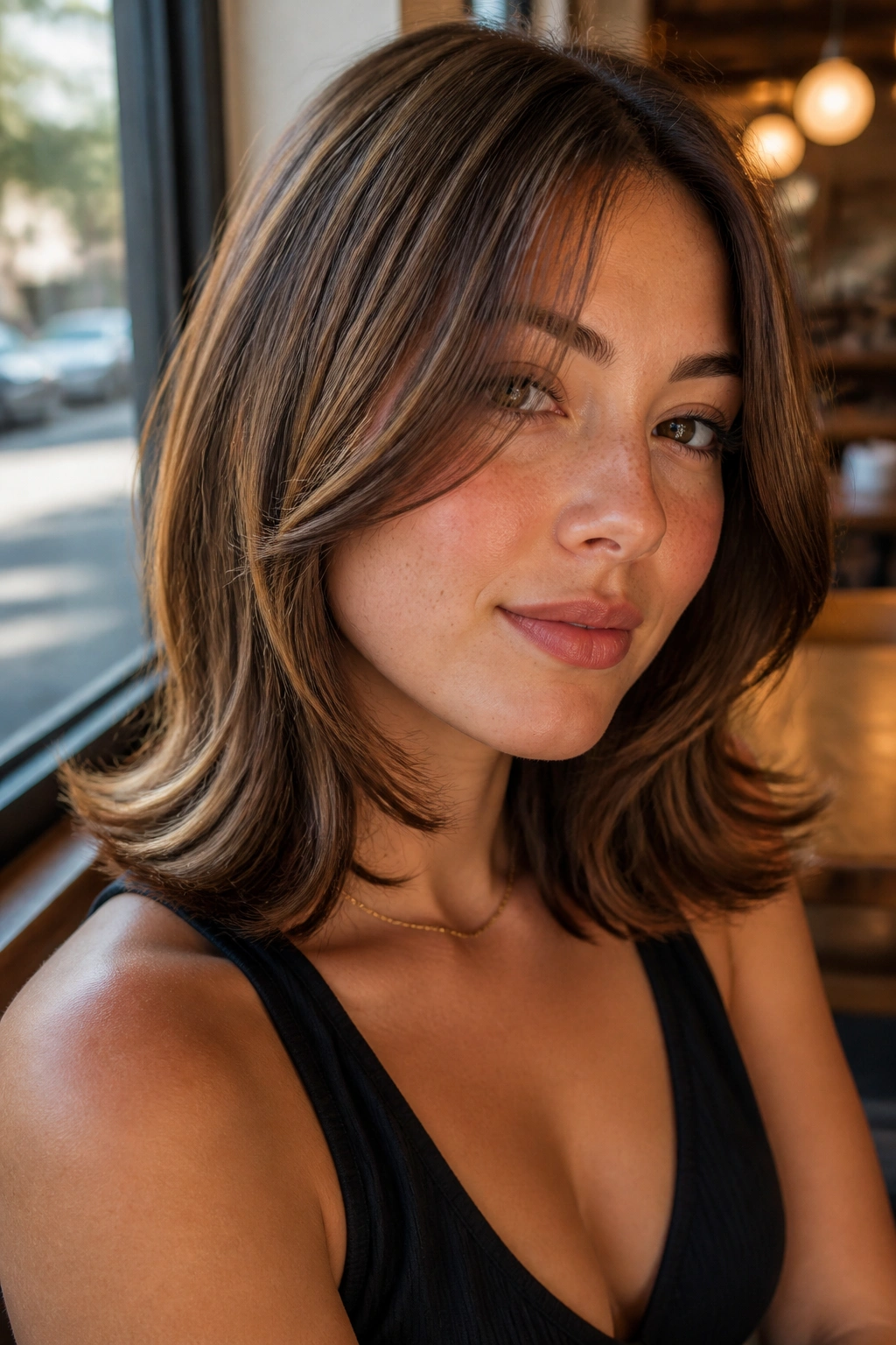 Close-up of a real woman with shoulder-length hair featuring flipped-out ends