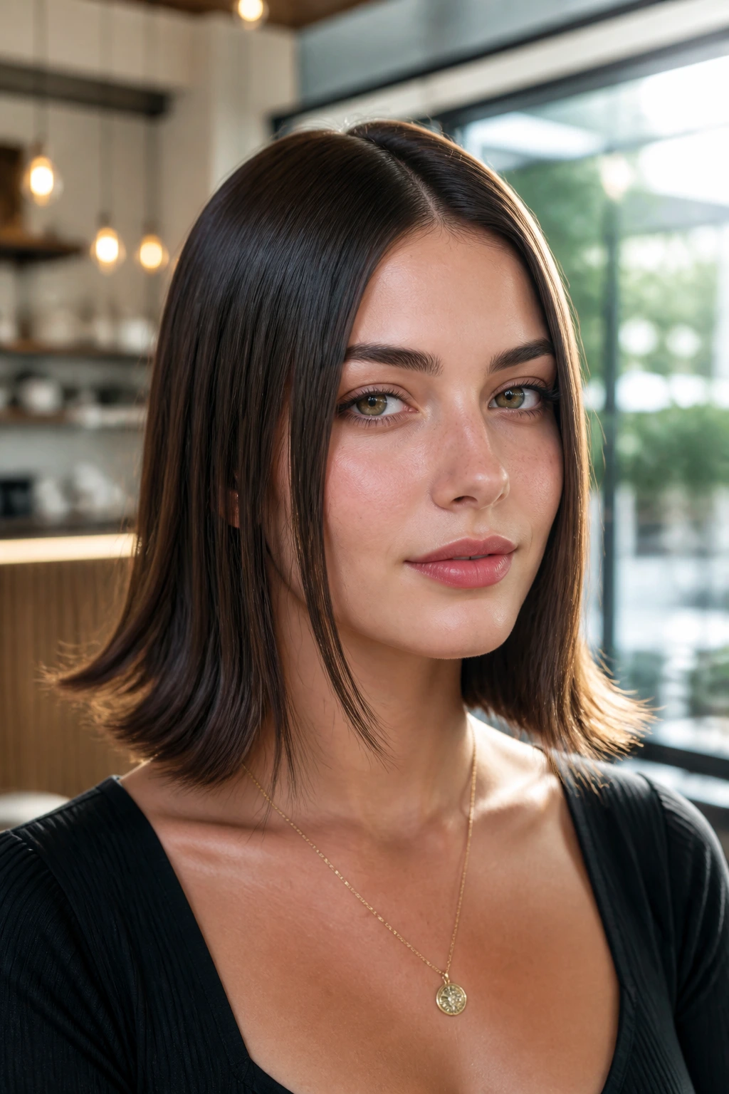 Close-up portrait of a real woman with a small outward flip at the ends of straight hair