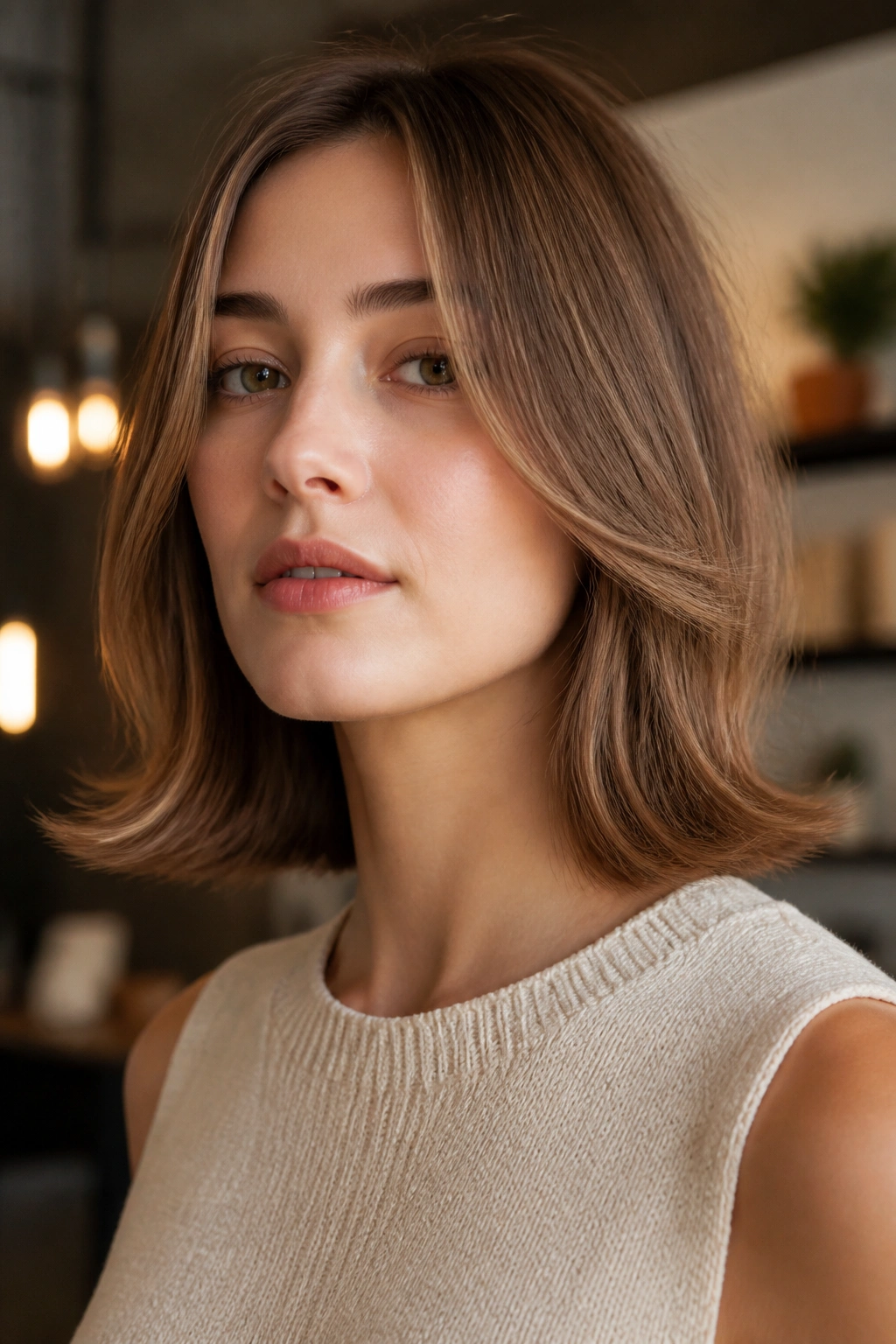 Close-up portrait of a real woman with outward-flipped ends on medium-length hair