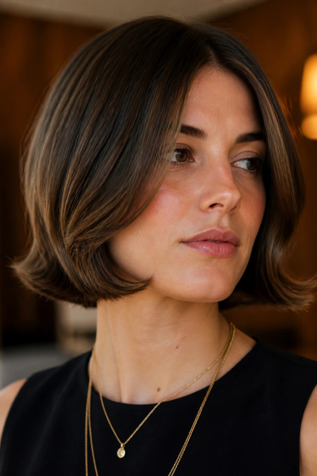 Close-up of a real woman with flipped-out Italian bob ends under warm indoor light