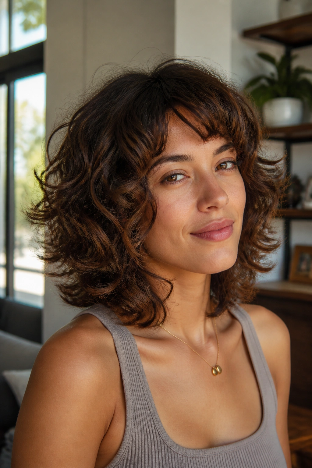 Portrait of a real woman with a flipped-out layered lob at shoulder length
