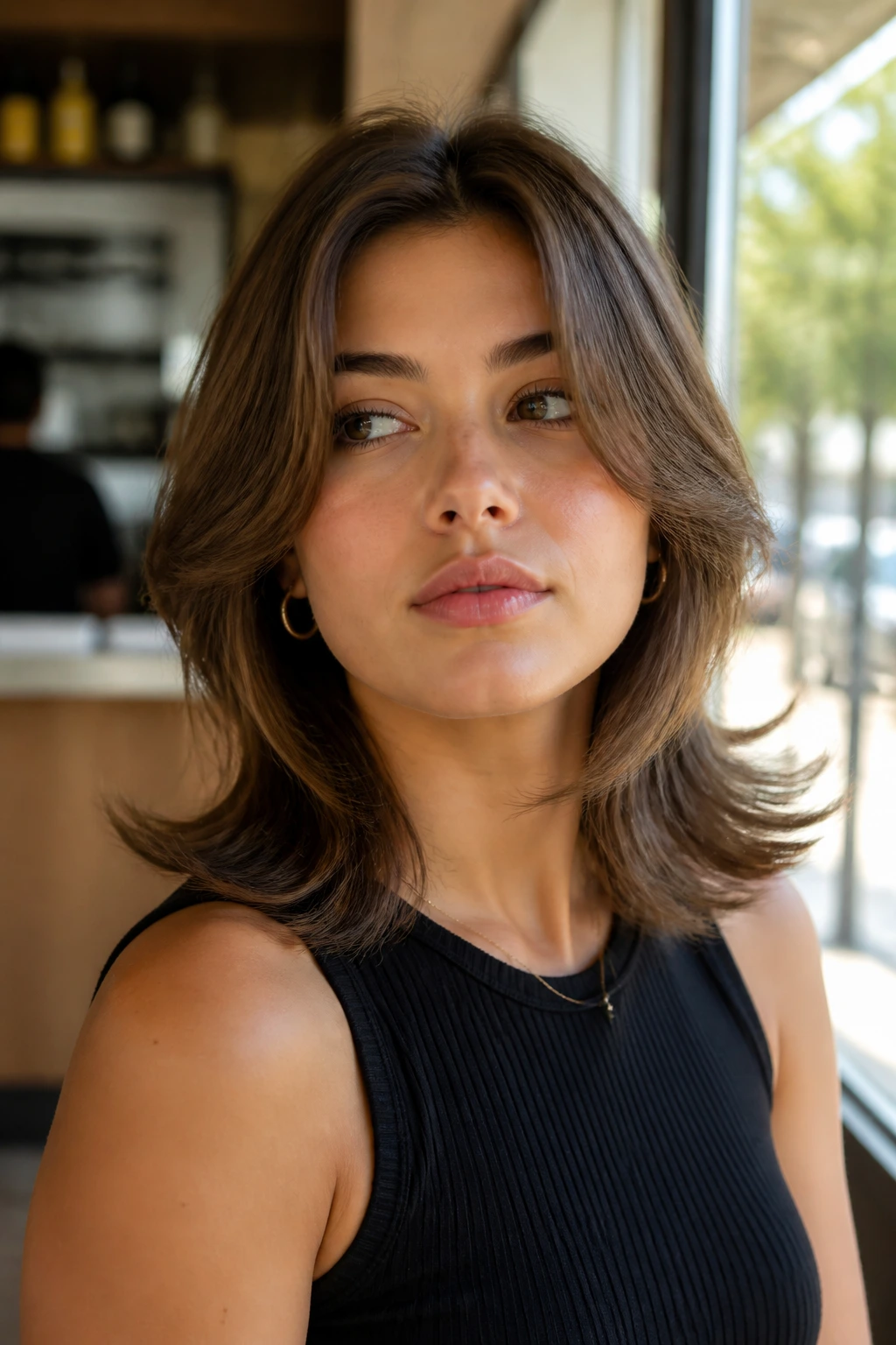 Portrait of a real woman with flipped-out layers creating a bold ’90s edge.