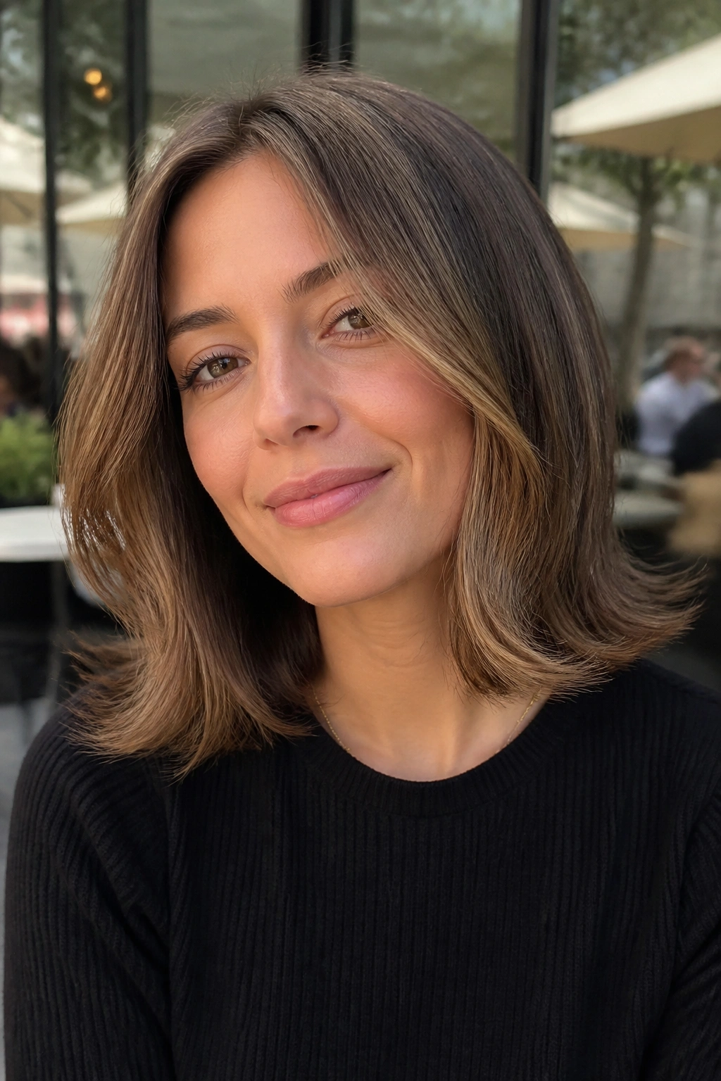 Real woman with a flipped-out lob showing outward-facing ends.
