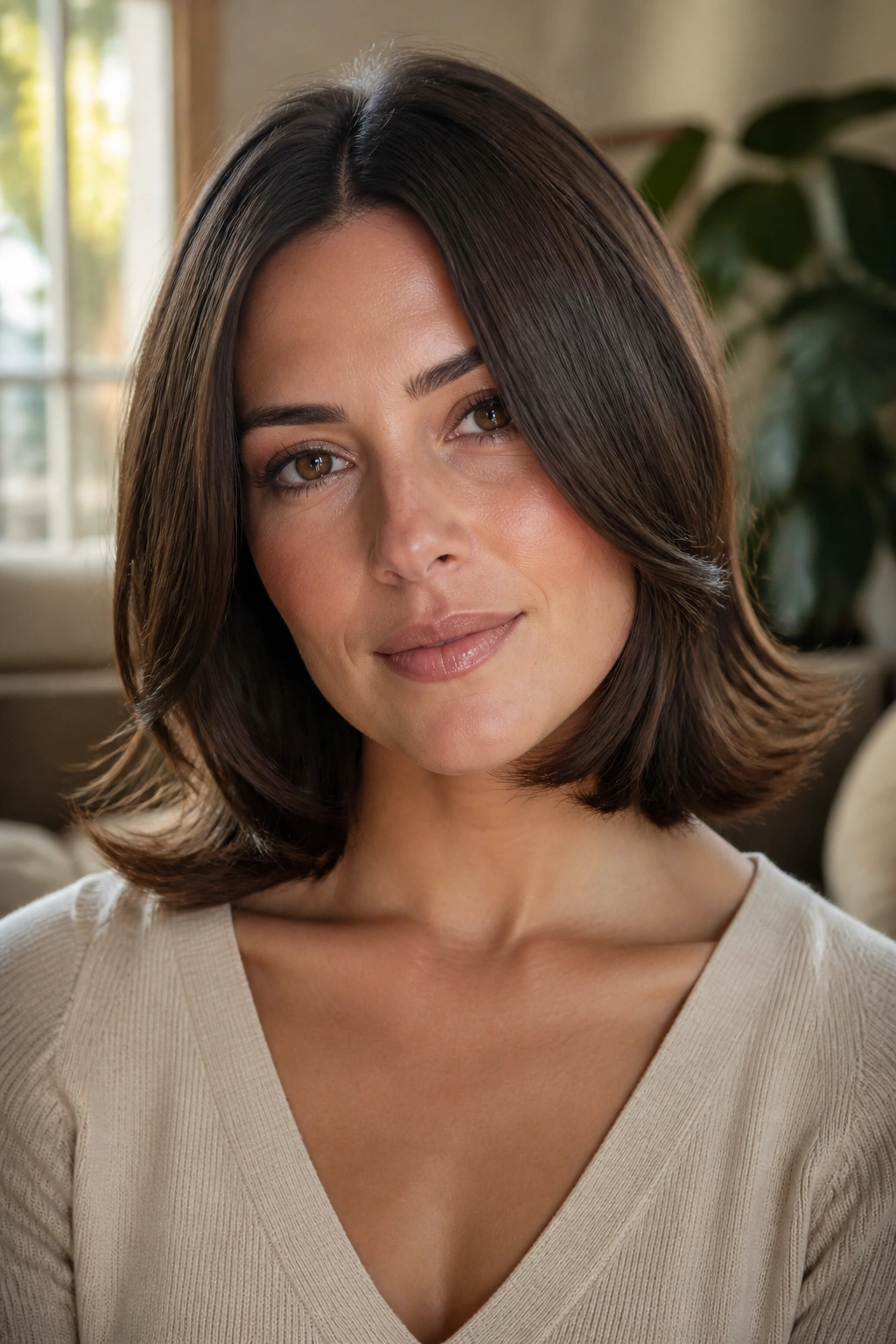 Close up of a real woman with flipped out medium cut showing outward jaw length ends