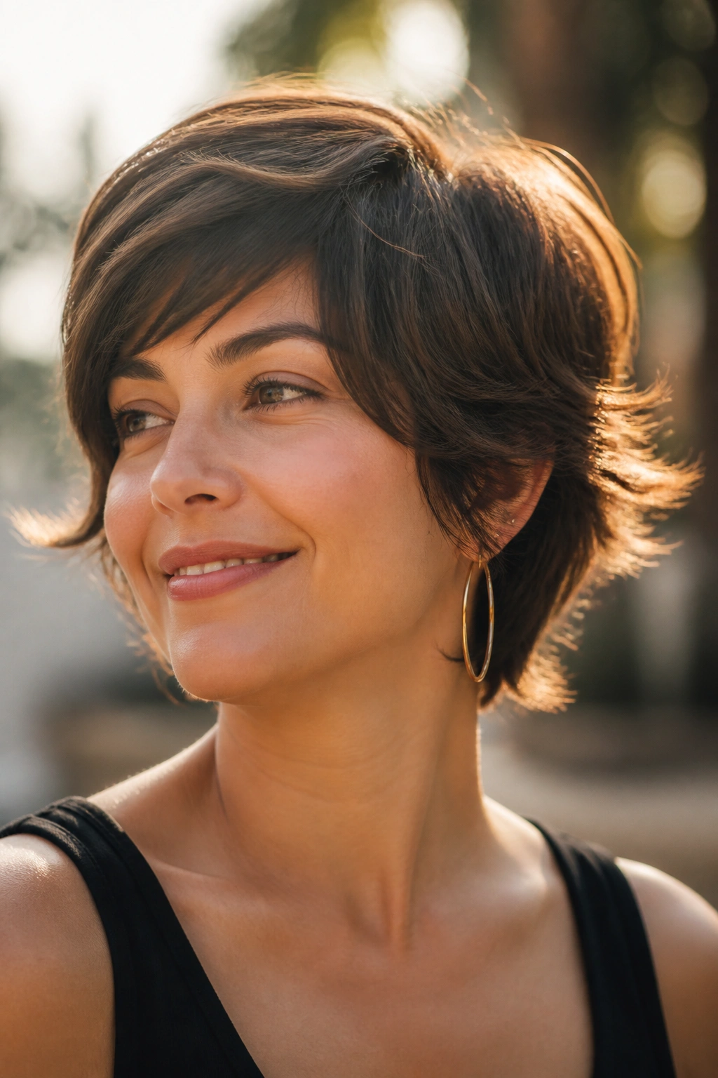 Real woman with flipped-out long pixie ends in sunny outdoor setting