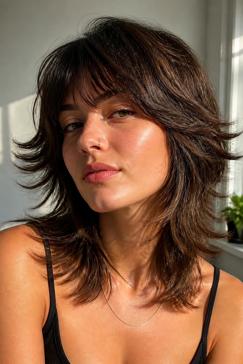 Close-up portrait of real person with flipped-out shag