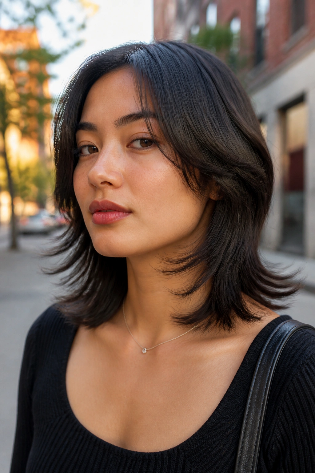 Close-up portrait of a real woman with flipped-out ends wolf cut.