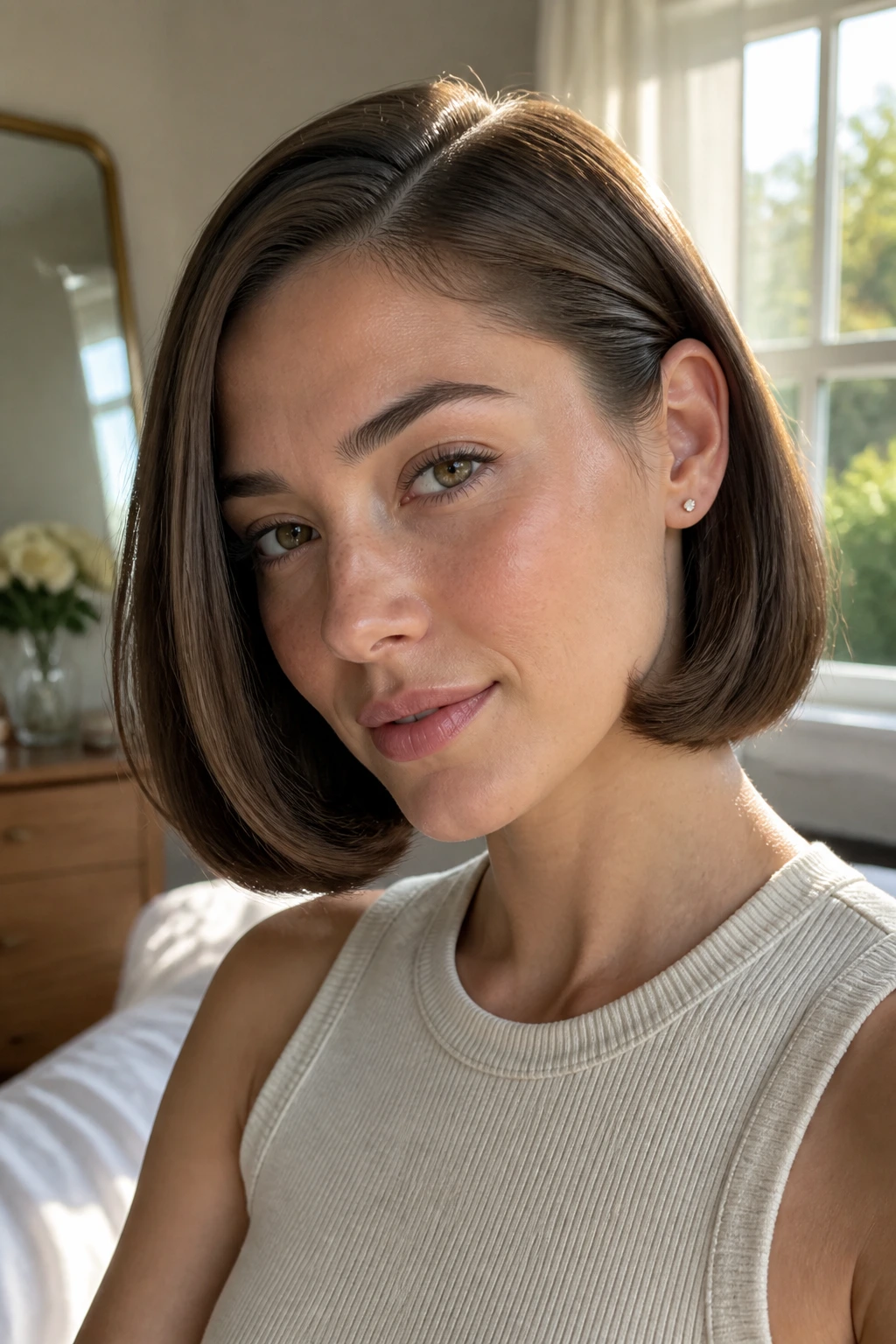 Close-up portrait of a real woman with a flipped-under tucked bob, ear tucked behind the ear, warm window light