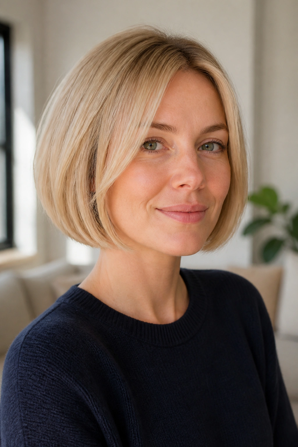 Close-up portrait of a real woman with floating bob for fine hair