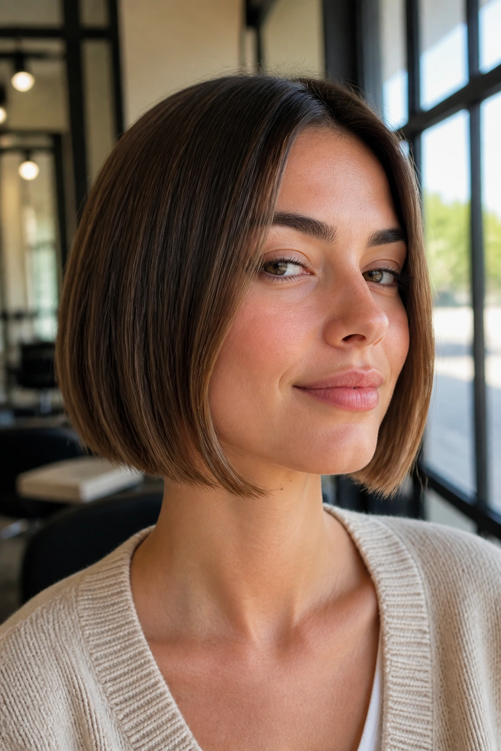 Close-up portrait of a real woman with a floating bob showing light ends hovering around the face