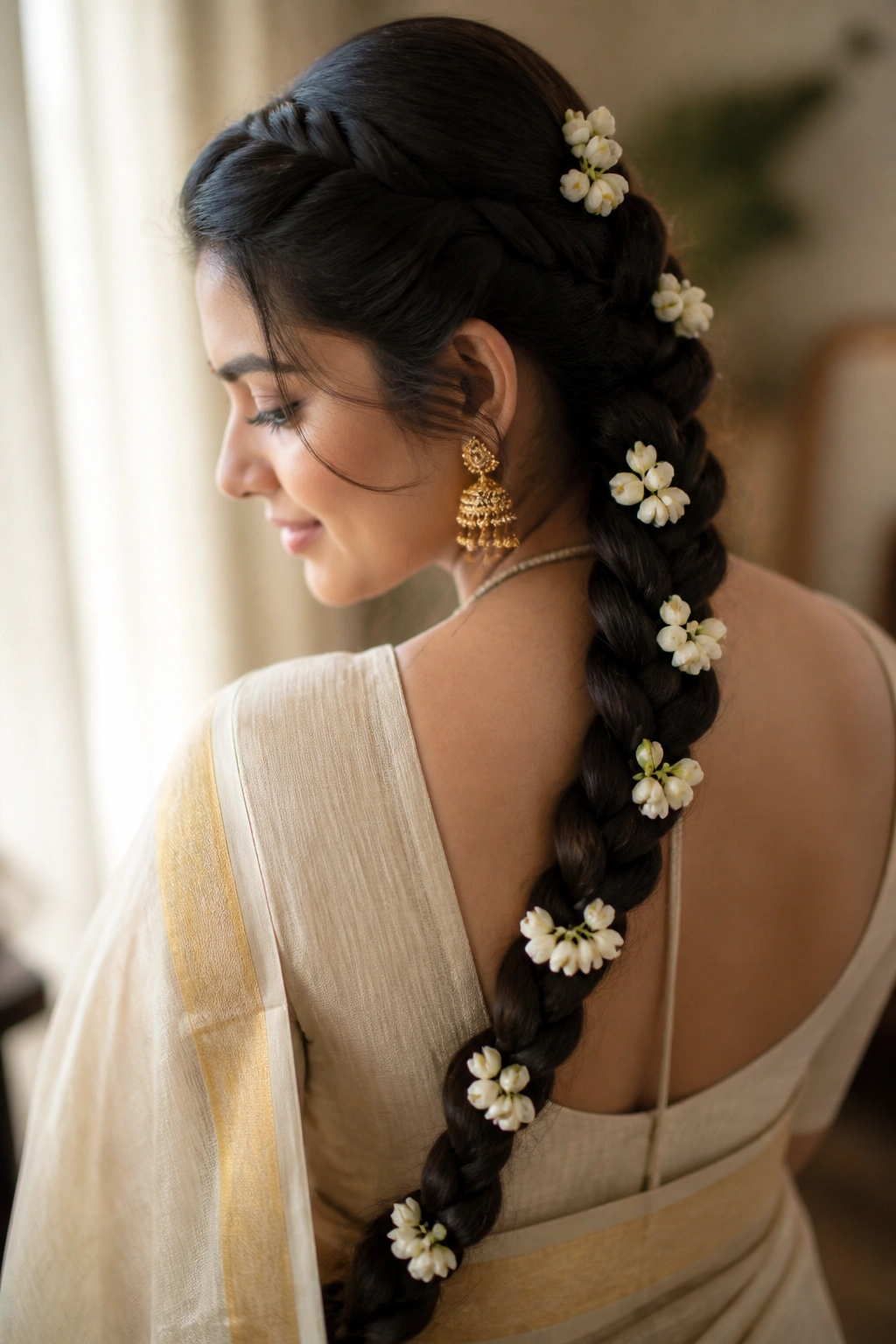 Close-up of a real woman with a floral braid adorned with fresh jasmine and mogra along the braid