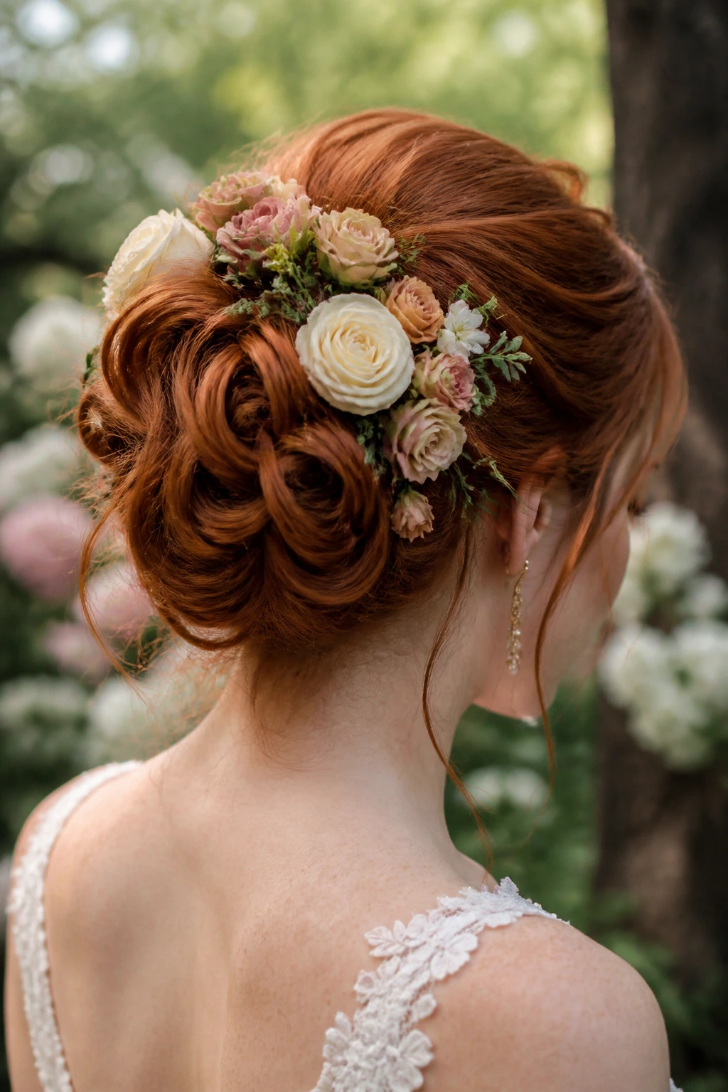 Close-up of a bride with a floral nest bun and tucked blooms in a garden setting