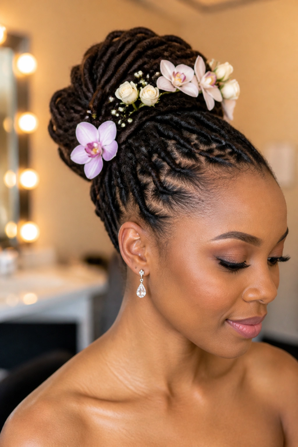 Close-up of a regal bun with small floral accents in a wedding prep room