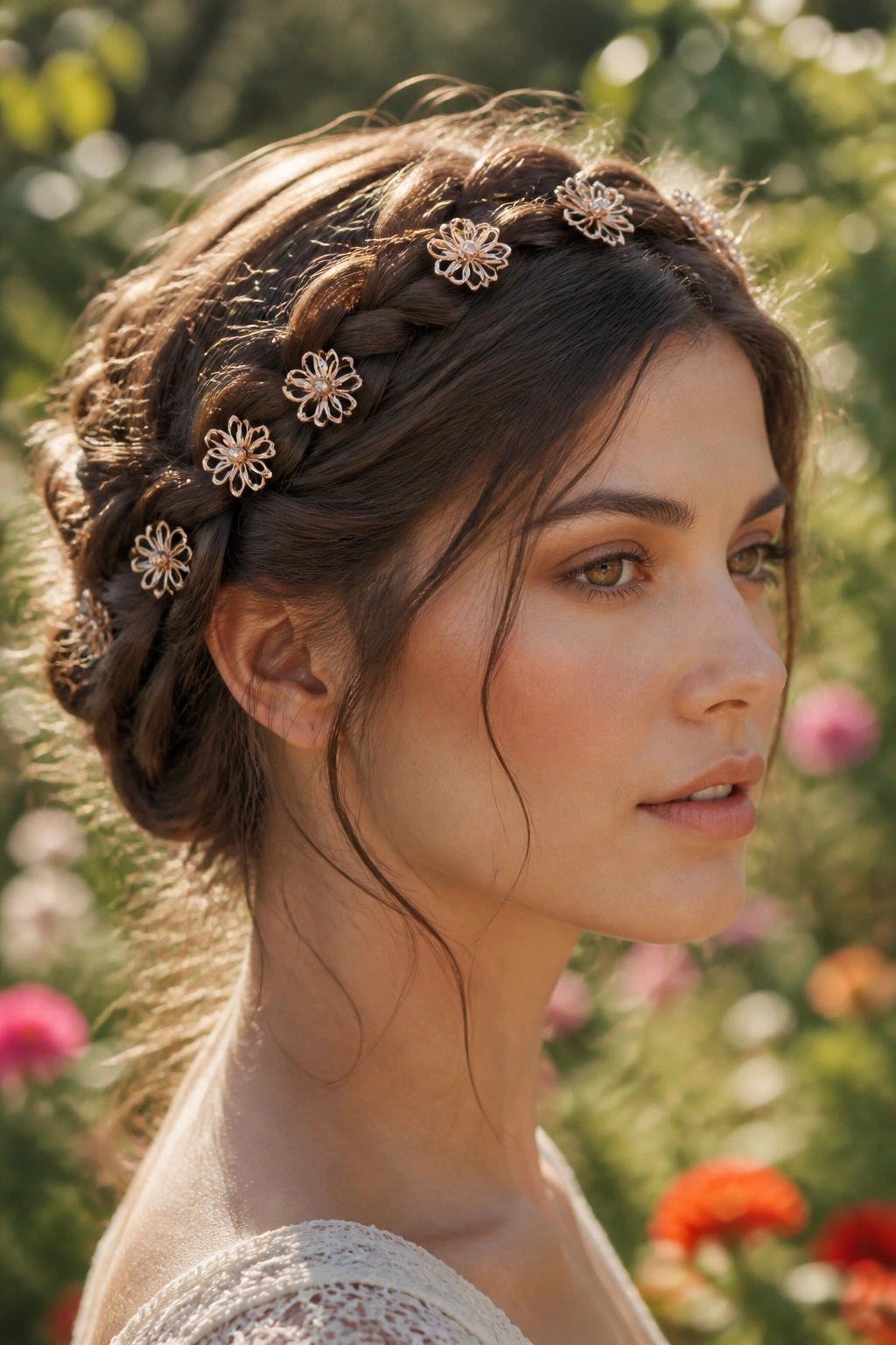 Close-up of a real woman wearing floral filigree hair rings in a halo braid