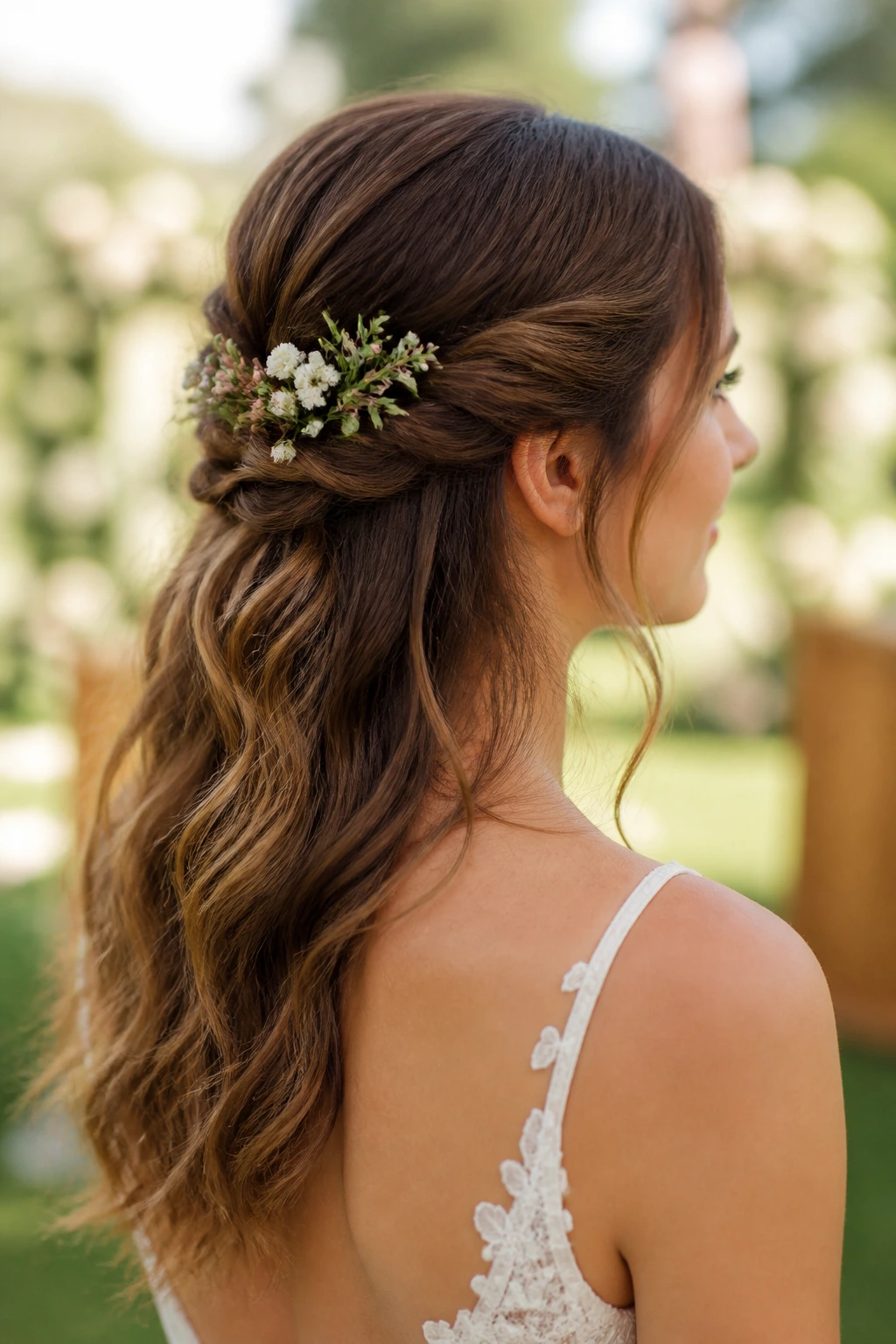 Close-up of a real bride with a floral half-up hairstyle