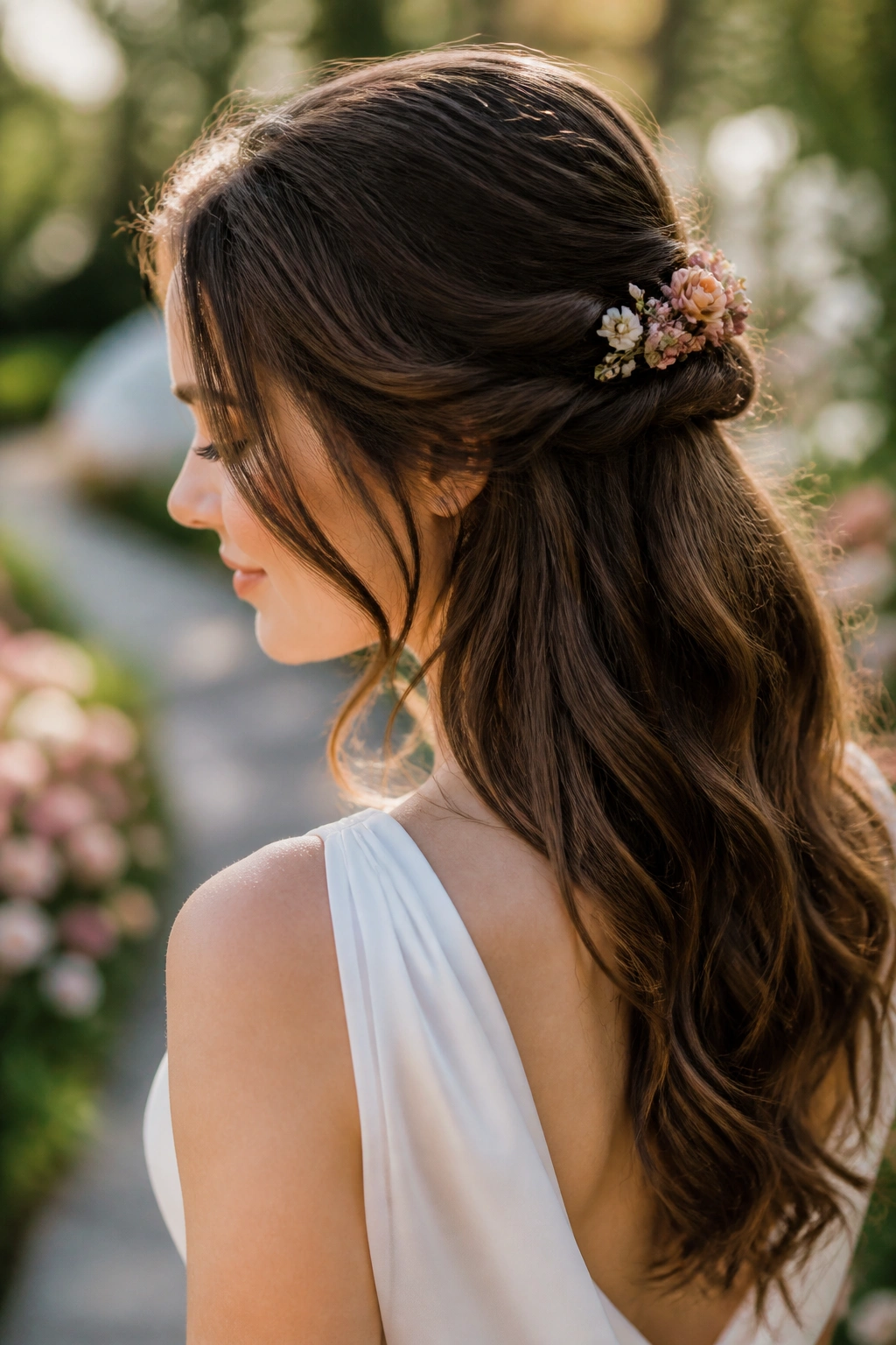 Close-up portrait of a real woman wearing a floral-pin half-up hairstyle