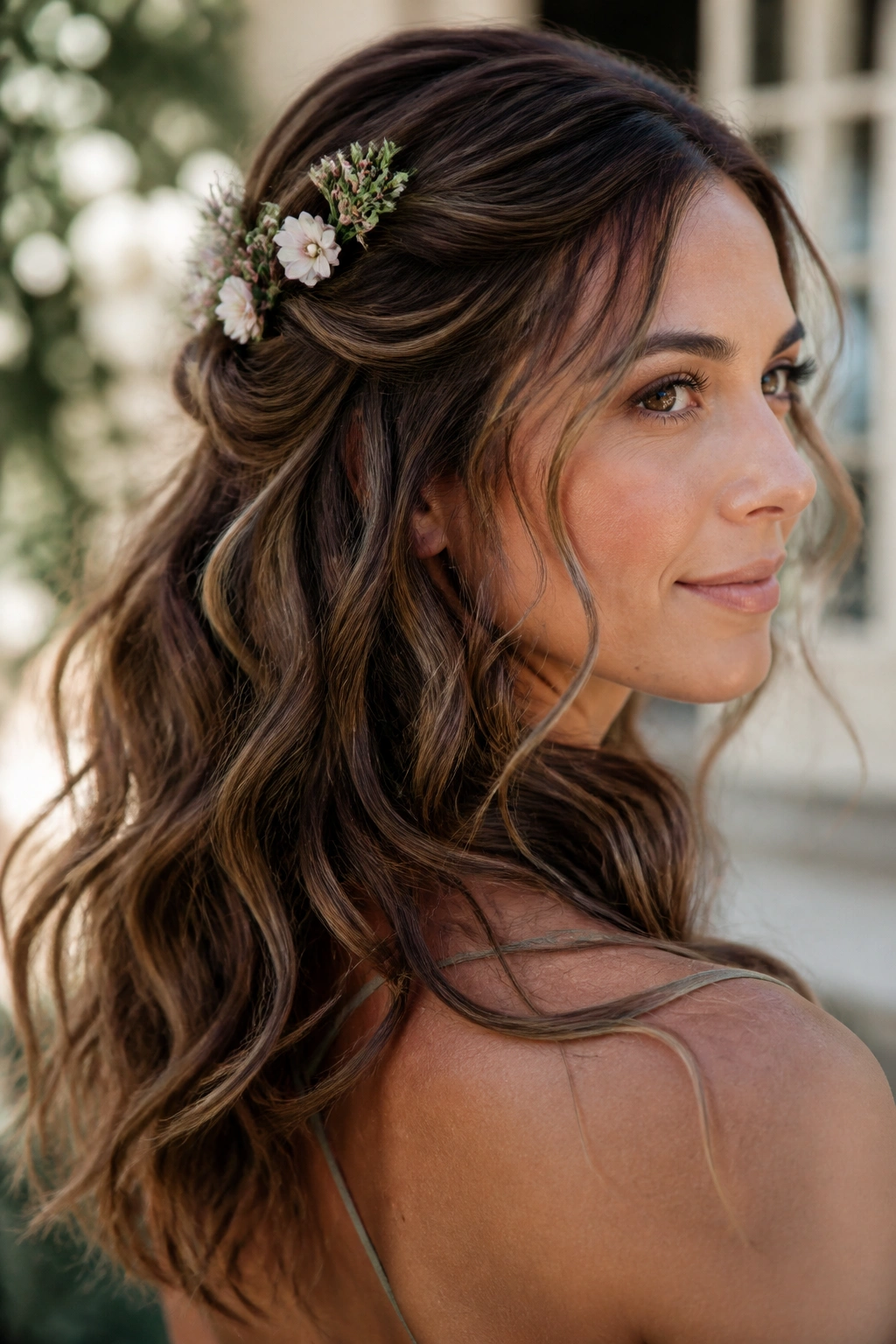 Portrait of a real woman with floral-pinned half-up waves hairstyle
