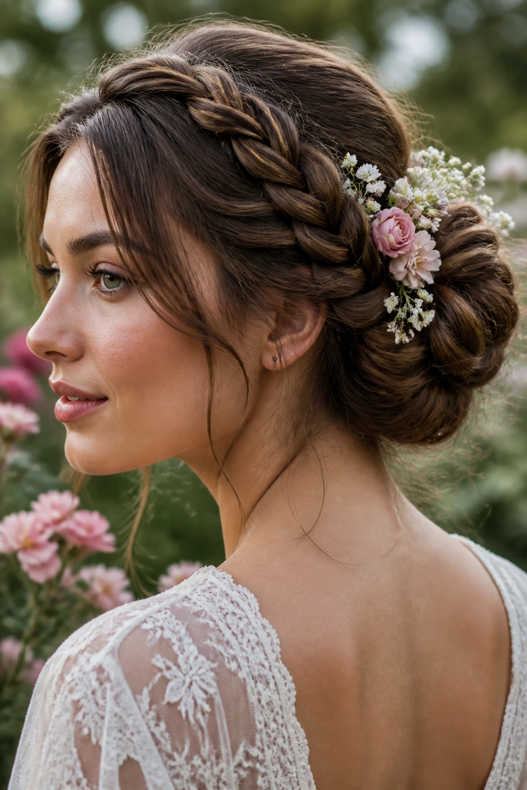 Close-up of a real woman with a flower-accent braided bun in a garden
