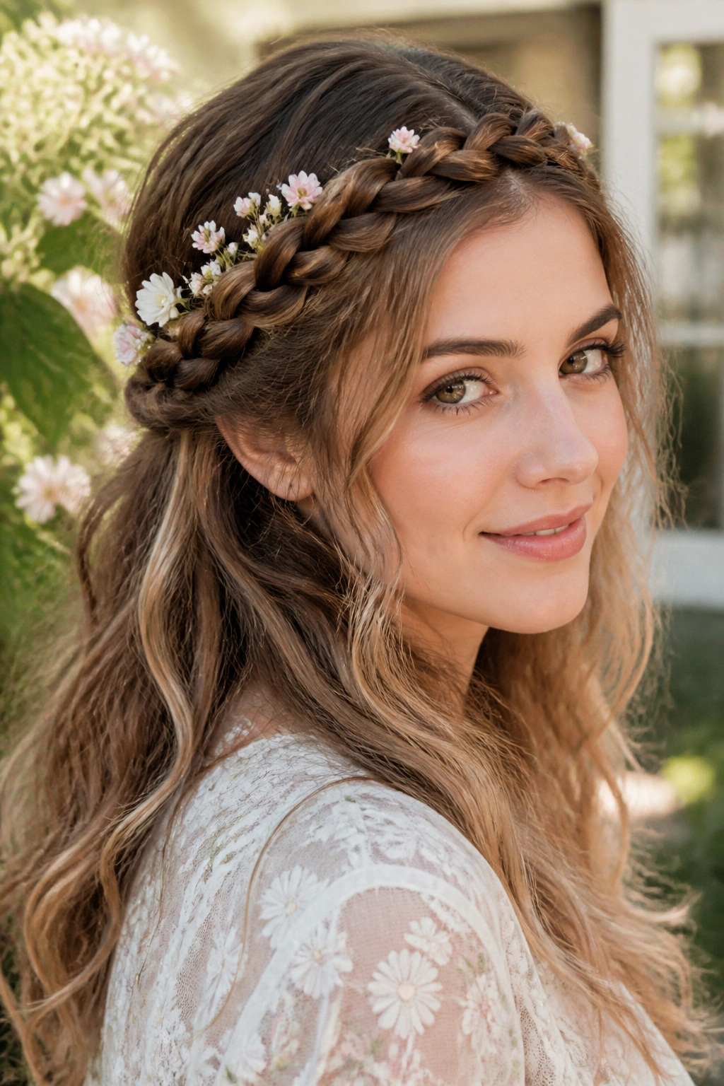 Real woman wearing flower-trimmed braided halo with soft waves