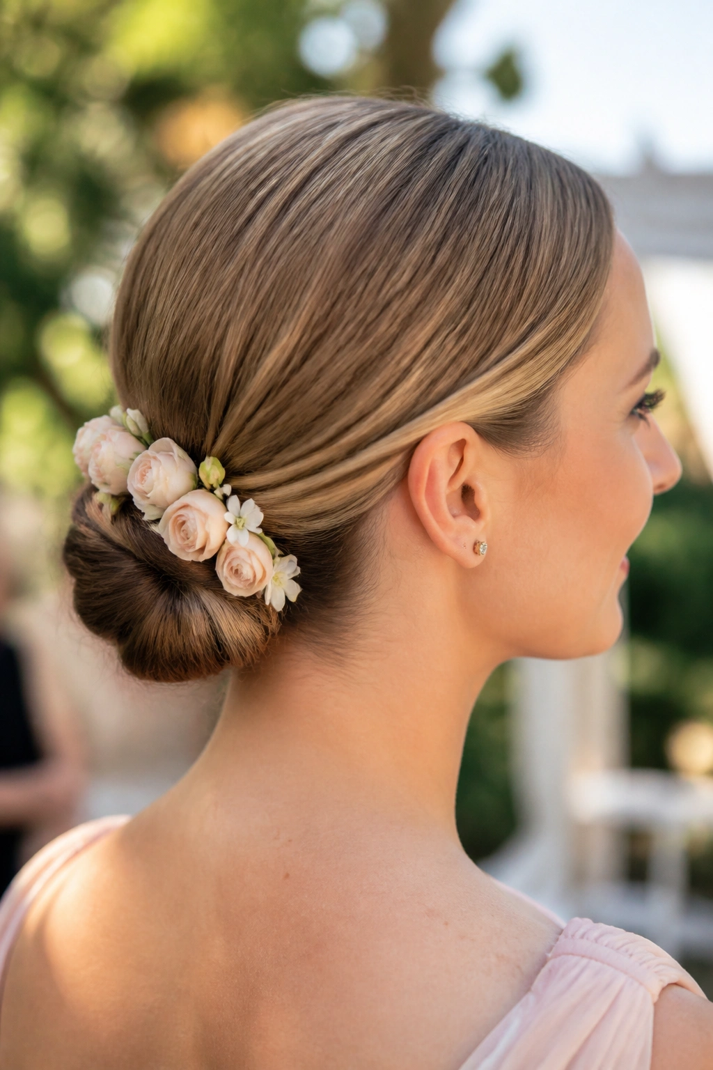Close-up of a real woman with a low bun accented by flowers in a garden
