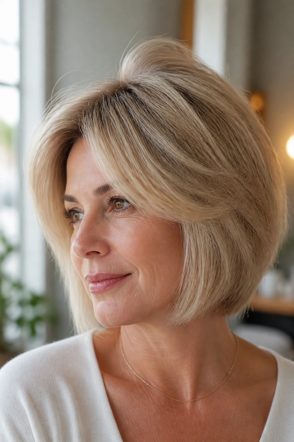 Close-up of a real woman with a fluffy bob and crown lift for fine hair.