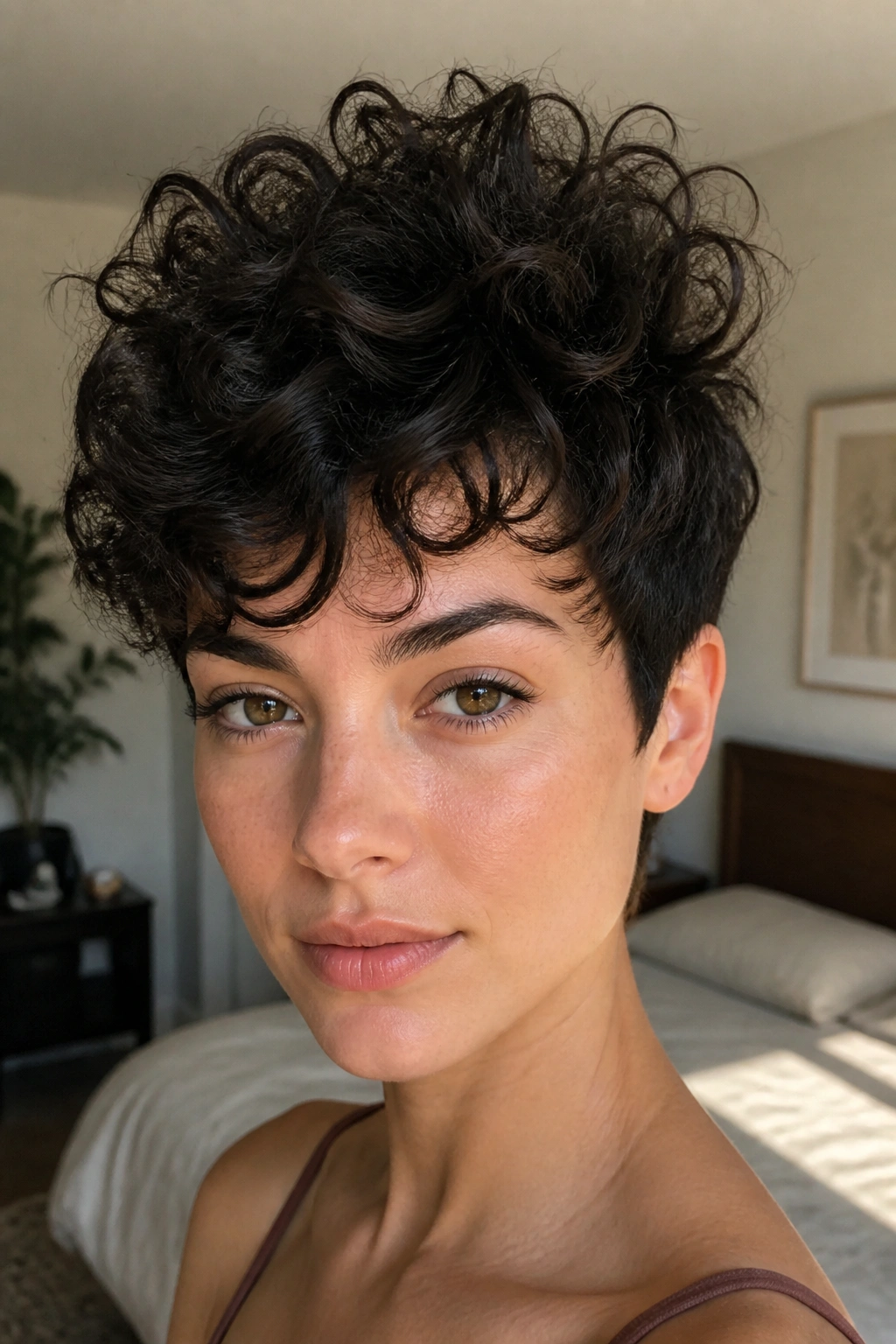 Portrait of a person with a fluffy crown curly pixie showing lift at the crown.