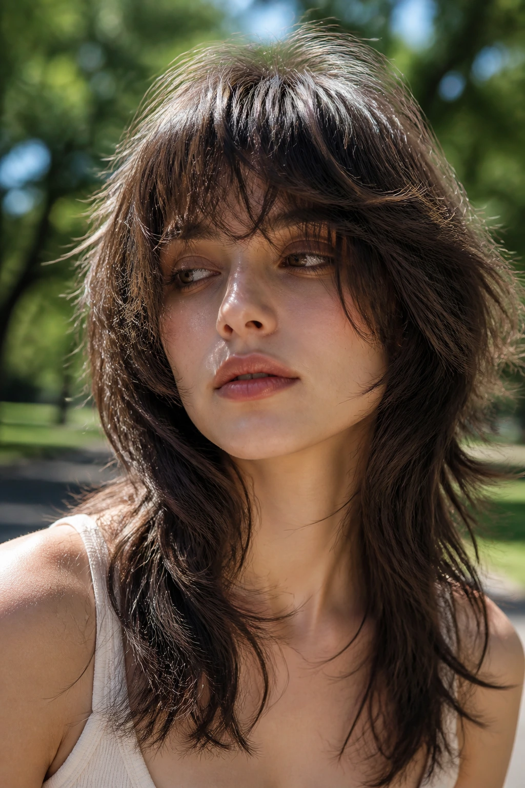 Close-up of a real woman with fluffy wolf cut and heavy texture in sunny outdoor setting