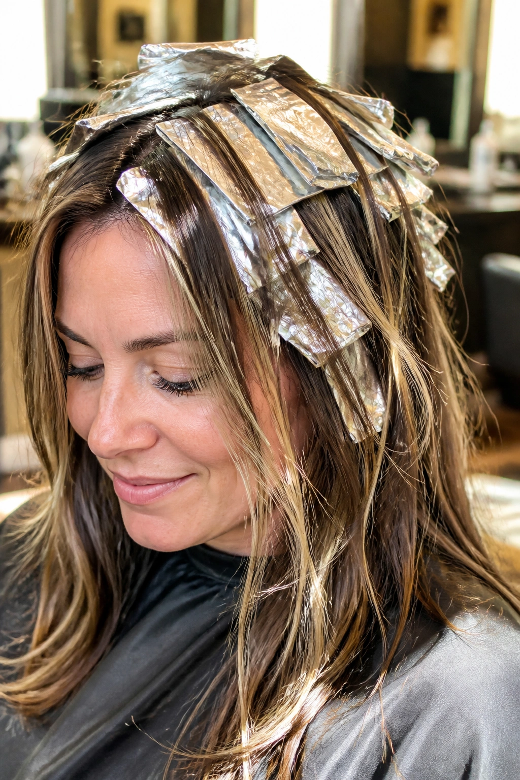 Portrait of a woman with traditional foil highlights in a sunlit salon.