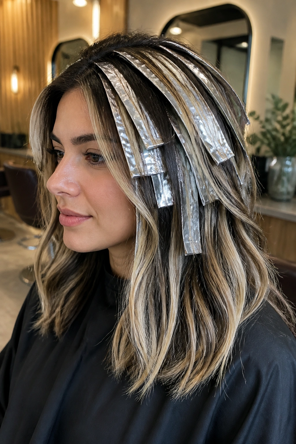 Face-frontal view of thick foil stripes with beige toner on dark hair
