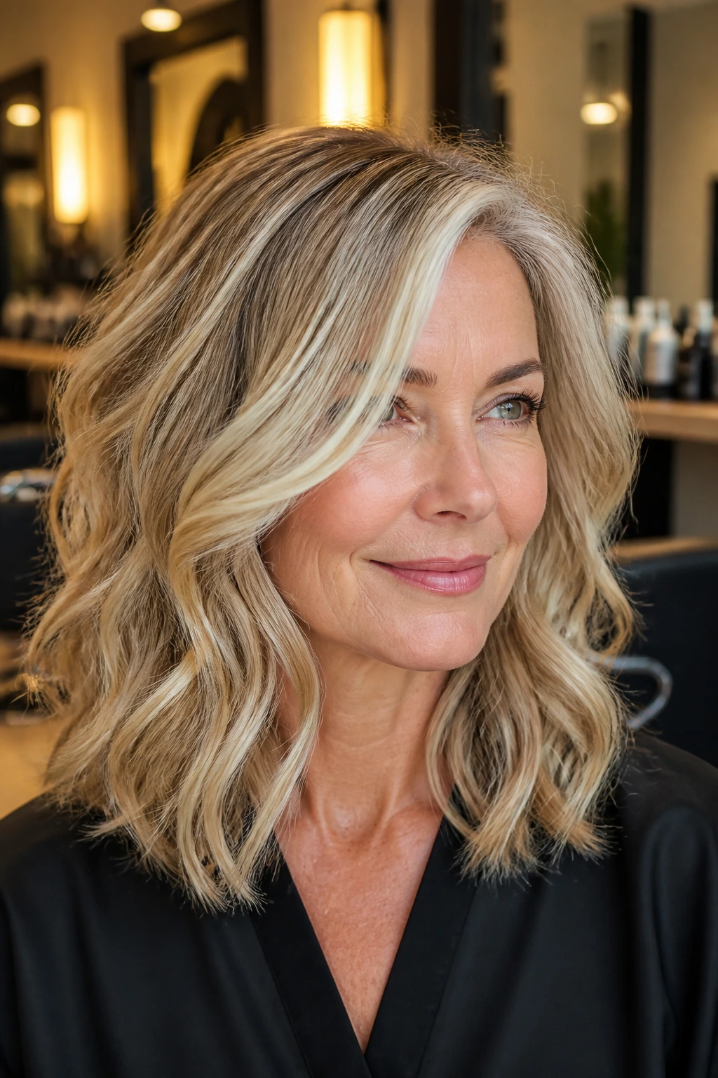 Close-up portrait of a real woman with foilayage blonde and face-framing highlights.